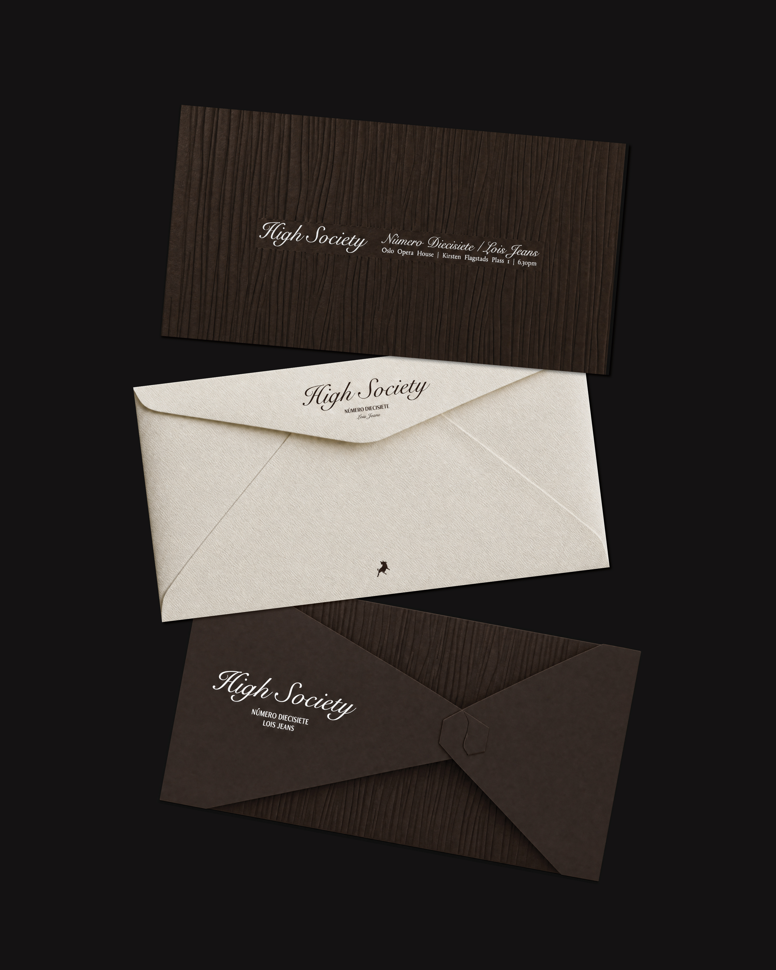 High Society invite — envelope, sleeve and embossed card